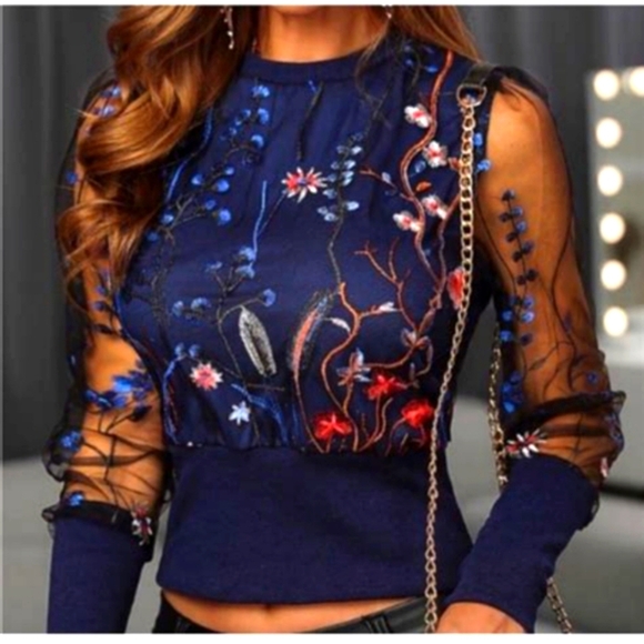 Navy Floral Embroidered & Sheer Blouse - Picture 2 of 7